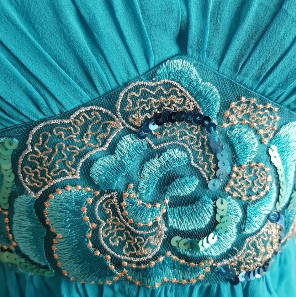 NEW MONSOON 100% Silk turquoise blue Puffball Dress Balloon Hem embellished 10uk - Picture 7 of 14